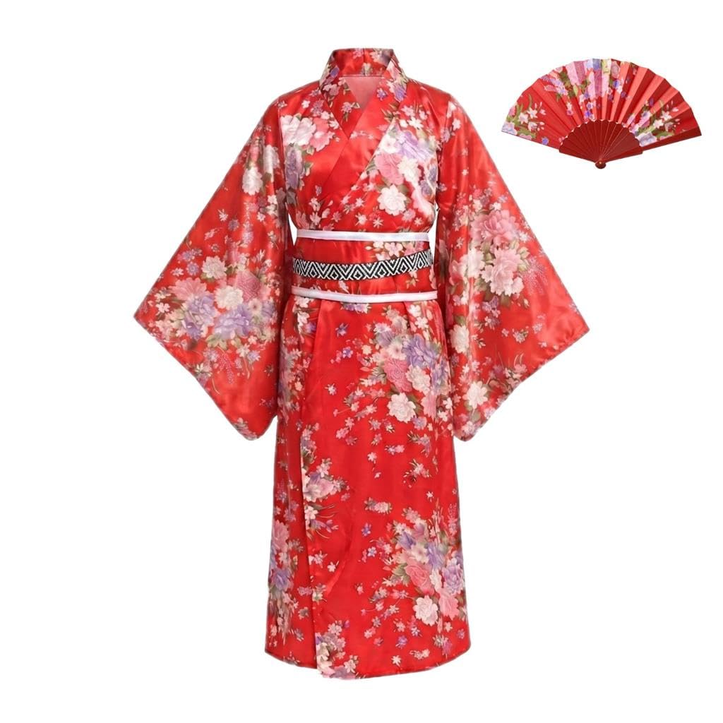 Lito Angels Girls Japanese Kimono Costume Set, Floral Satin Yukata Dress with Obi Belt & Folding Hand Fan, Traditional Long Robe for World Book Day Dress Up, Kids Age 8-9 Years, Red