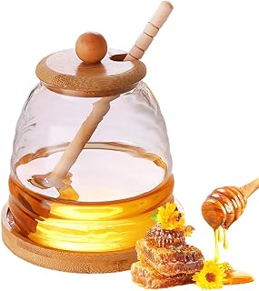 Afenau Tarro para Miel, 500ML Dispensador de MiEl con Cuchara para Miels, Tarritos de Cristal Pequeños con Tapa, Cuchara MIEL Madera, Dosificador de MIEL, Tarro Miels para la Cocina en Casa