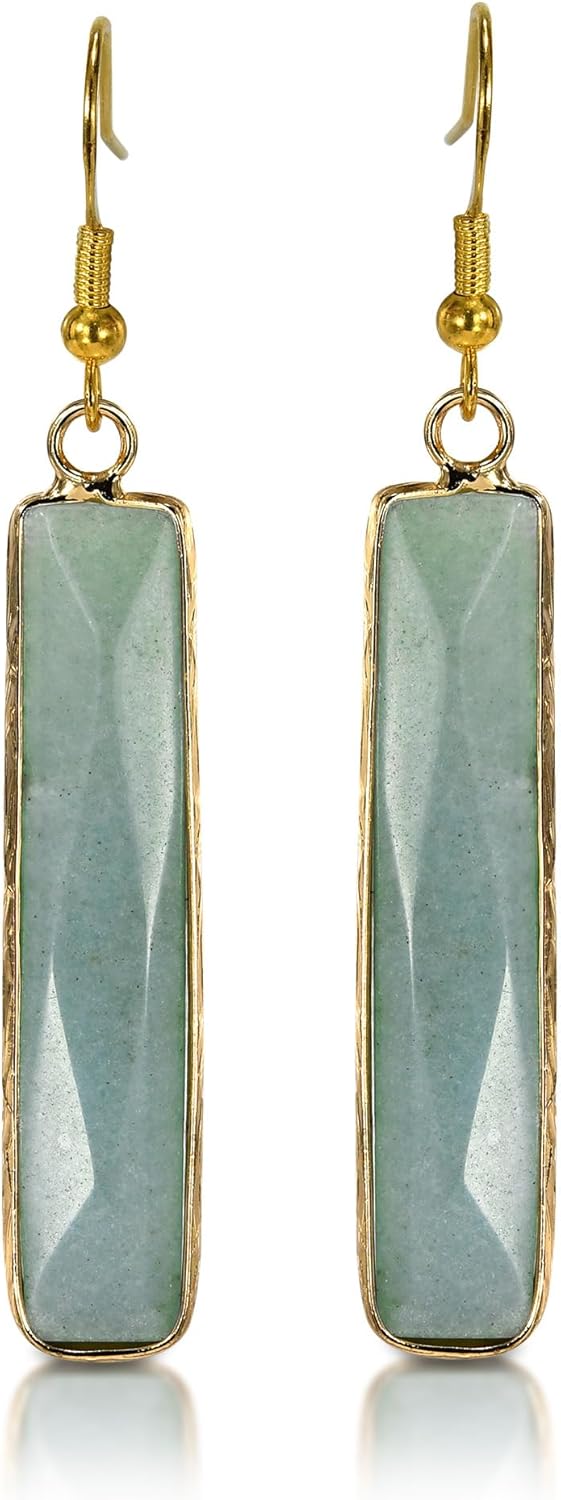 AeraVida Rectangular Natural Stone Gold-Plated Sterling Silver Dangle Earrings – 63mm Bohemian Statement Drop Jewelry with 925 Silver Fish Hooks