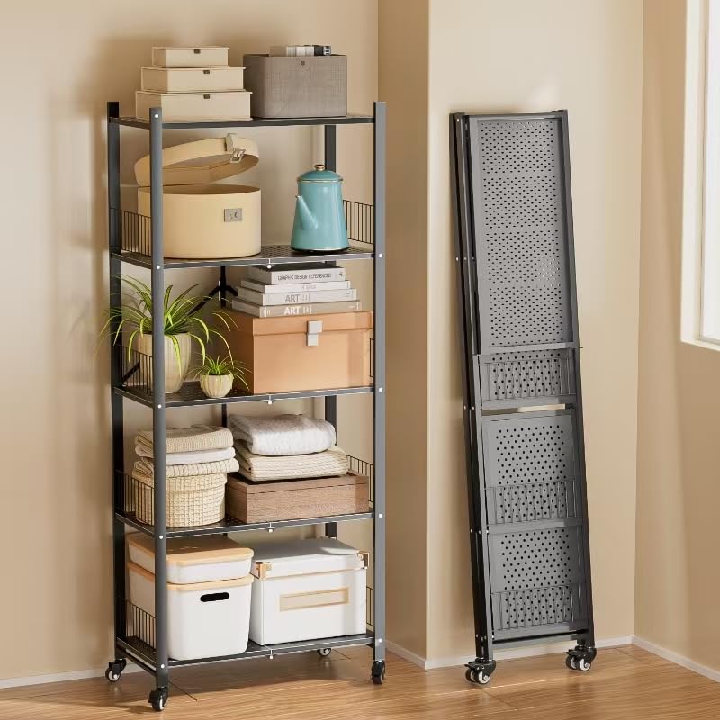 Folding Storage Shelves, Heavy Duty 5-Tier Metal Foldable Shelf Shelving Rack Organizer On Rolling Wheels in Kitchen Garage Apartment Pantry Basement