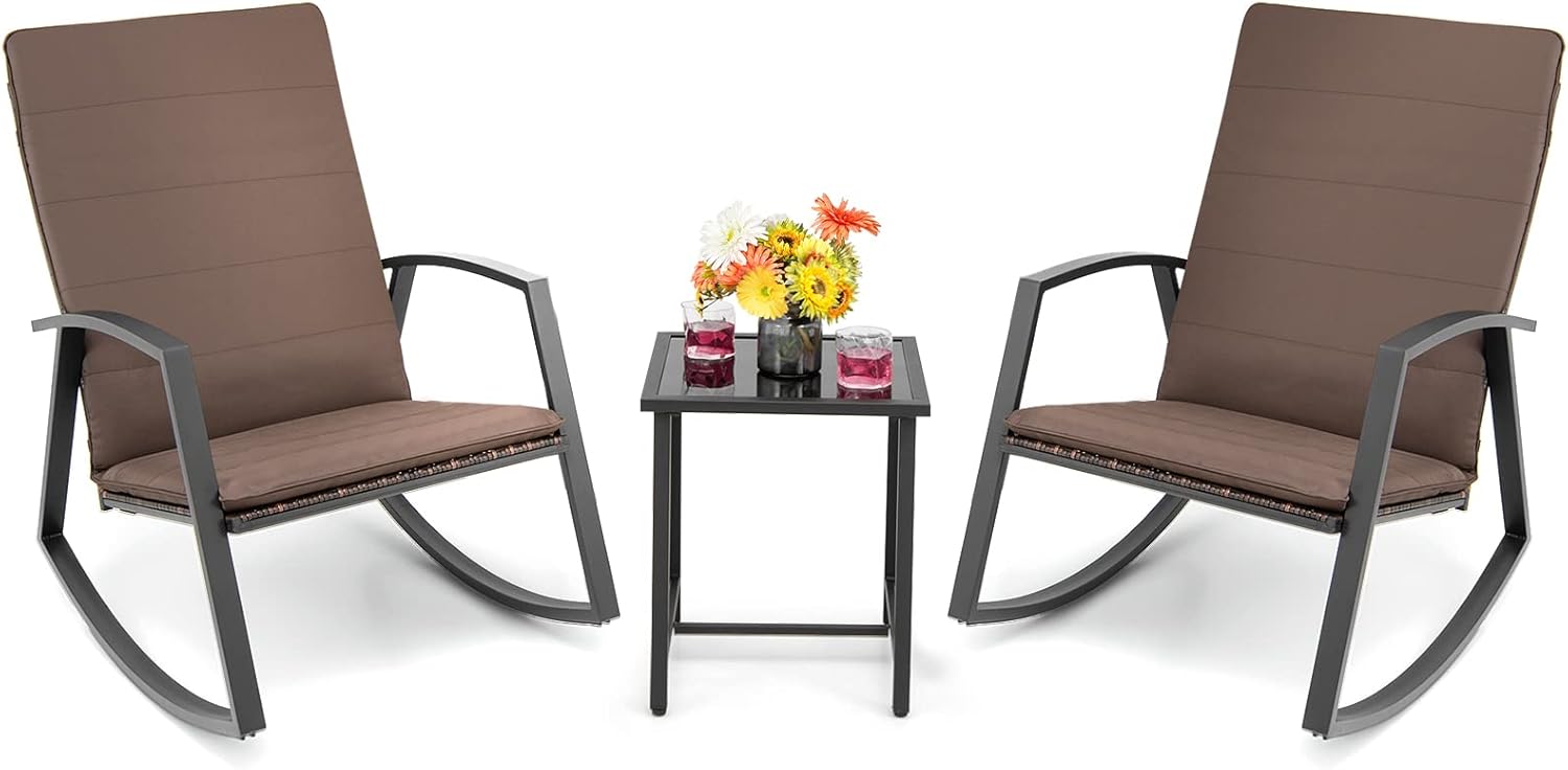 Tangkula 3 Pieces Patio Rocking Bistro Set, PE Rattan Rocking Chairs with Tempered Glass Side Table, Outdoor Wicker Conversation Set with Zippered Cushion for Patio, Garden, Poolside (Mix Brown)