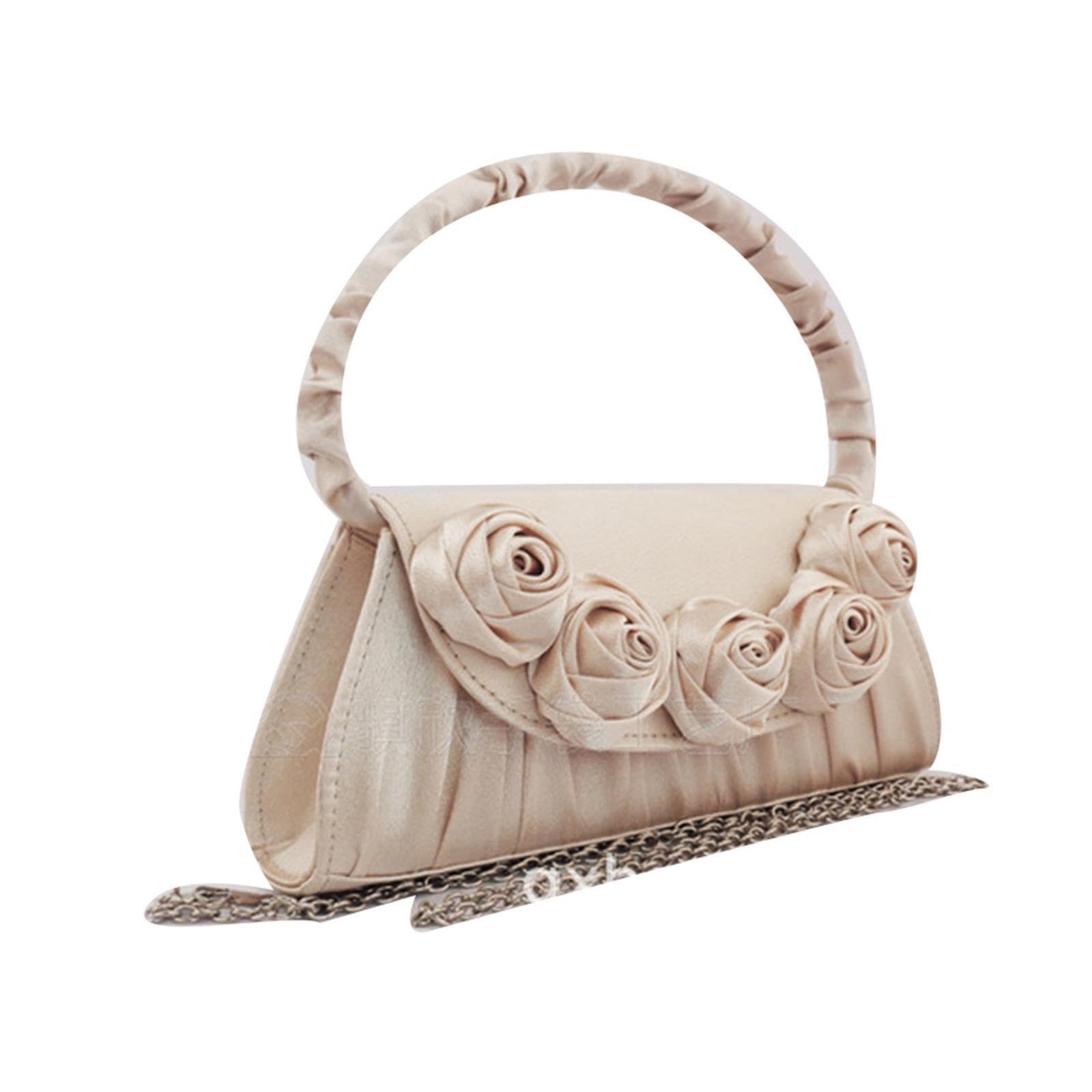 Borsa a mano con fiori di rosa plissettati in raso