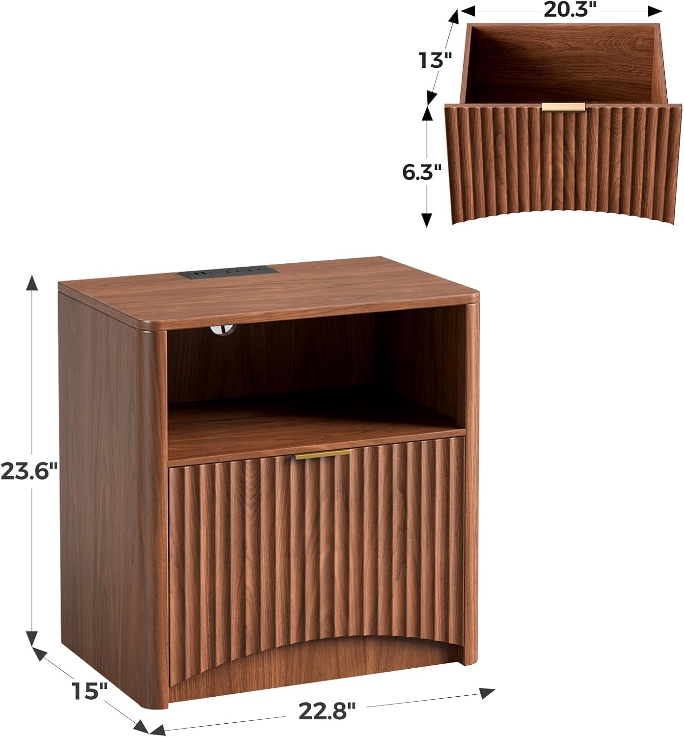 Evermagin Fluted Nightstand with Charging Station, Walnut Bedside Table with Drawer and Storage, Wood End Table Mid Century Modern, Large Night Stand for Bedroom