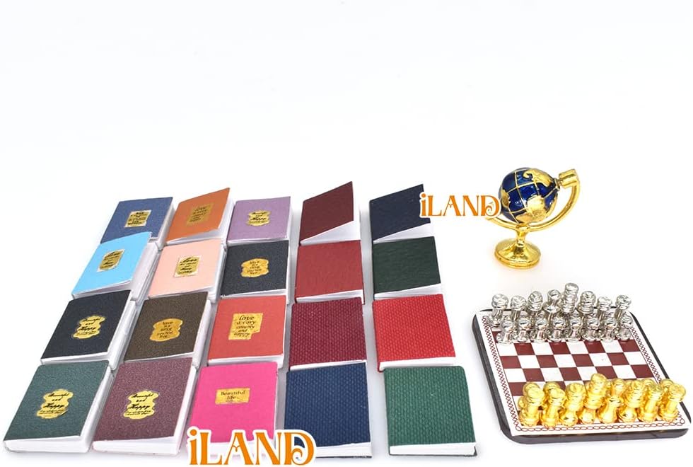 iLAND Miniature Dollhouse Accessories for Dollhouse Furniture, Mini Book Globe Chess Set for Dollhouse Study Room (Classic 22pcs)