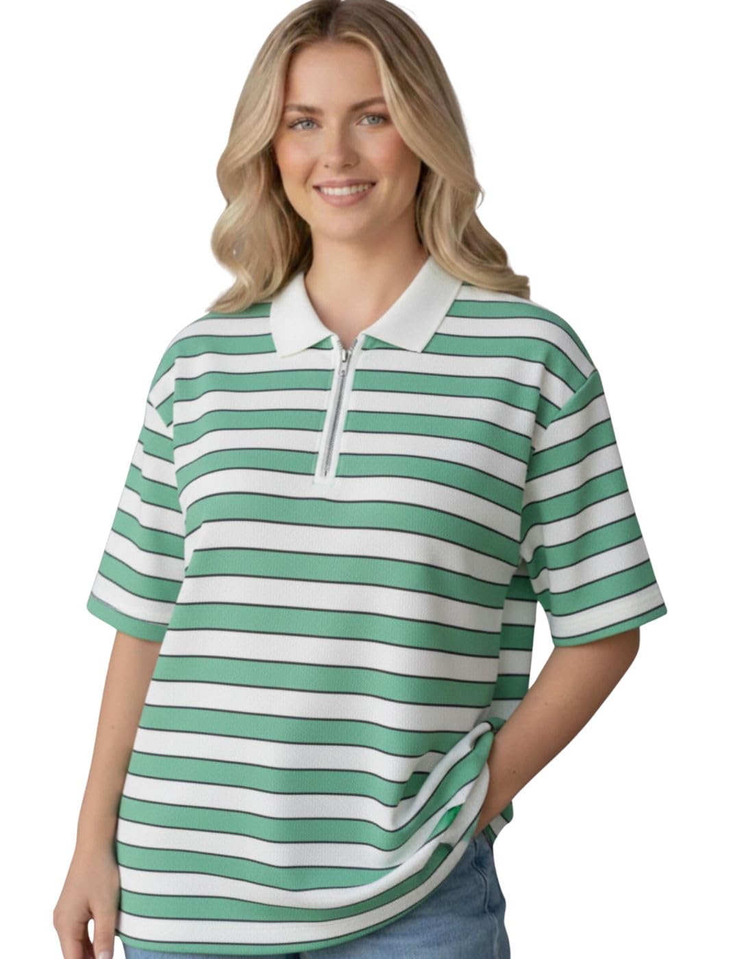 mack jonney Women’s Striped Polo T-Shirt | Half Zip Collar | Half Sleeve Cotton Casual Top | Relaxed Fit-M7496-picture-11