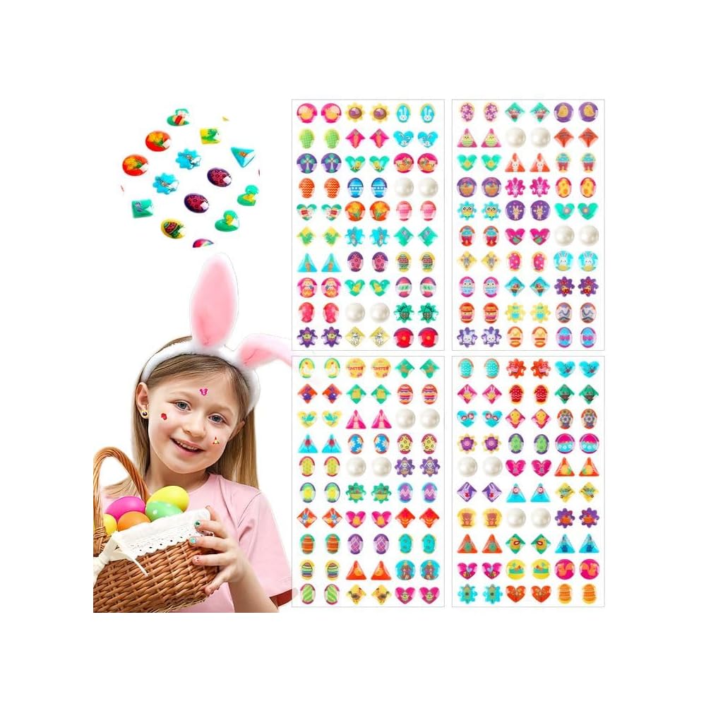 AUGSUN Easter Stickers Earrings, 240pcs Easter Stick on Earring 3D Gems Stickers Self-Adhesive Sticky