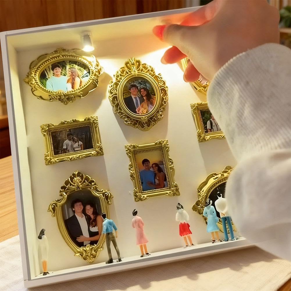 DIY Museum Silhouette Box – Shadow Box Frame Kit with Gold Mini Frames & Figurines, DIY Photo Family Memory Display Case Frame Silhouette Boxs for Anniversary Home Decor (Black)