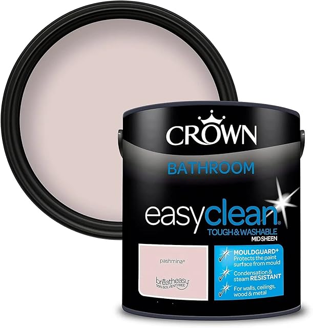 2.5L CROWN Easyclean Bathroom MID-SHEEN Emulsion Multi Surface Paint With MOULDGUARD+ That can be Used on Walls, Ceilings, Wood and Metal. Stain & Scrub Resistant Formula  Pashmina