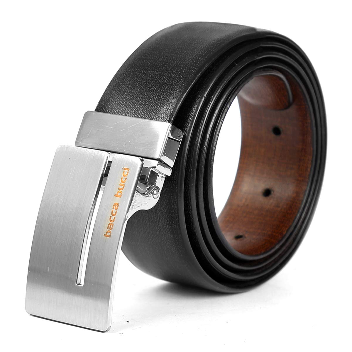 Bacca BucciMen's Reversible Classic Dress belt Italian Top Smooth Genuine leather Black & Brown with rotating Metal Buckle-Black & Brown