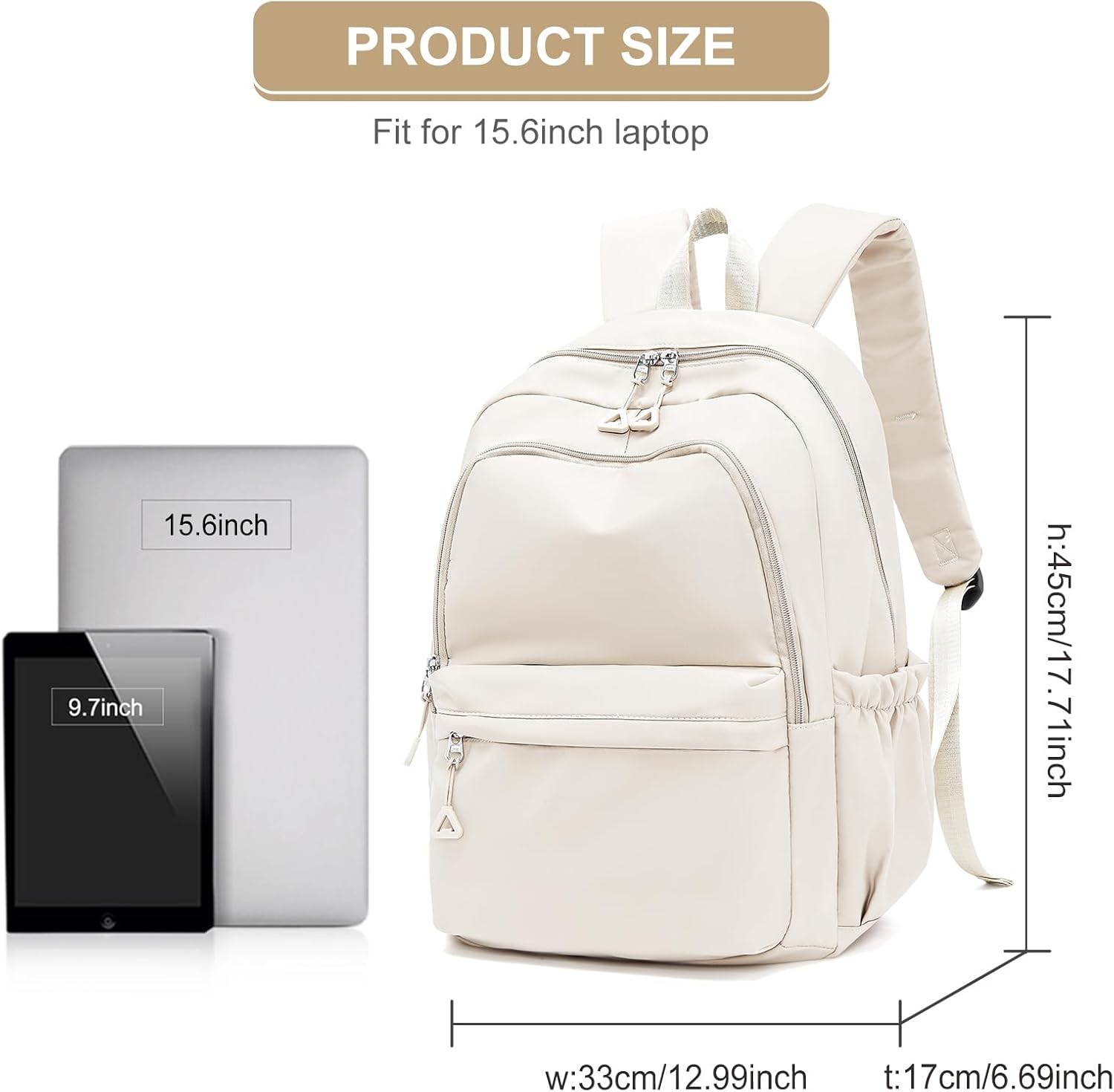 Casual Laptop Backpack for Women Men College Bookbag Waterproof Lightweight School Bag 15.6inch Laptop Daypack Large Capacity School Backpack for Teens Boys Girls (beige)
