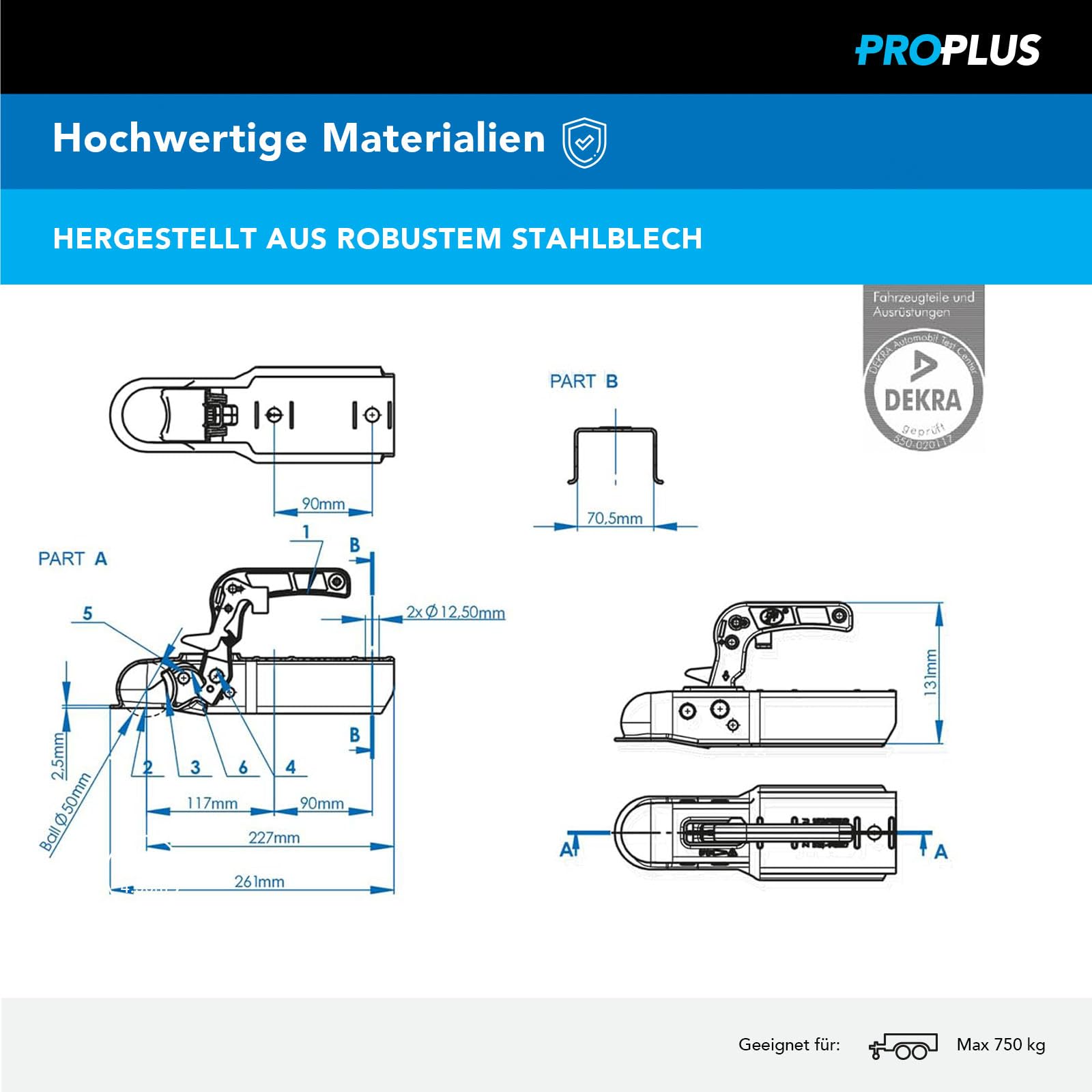 ZUGMAUL ANHÃ„NGER 70 MM ECKIG 341005 UNIVERSAL PKW 750 KG KUPPLUNGSMAUL AHK NEU