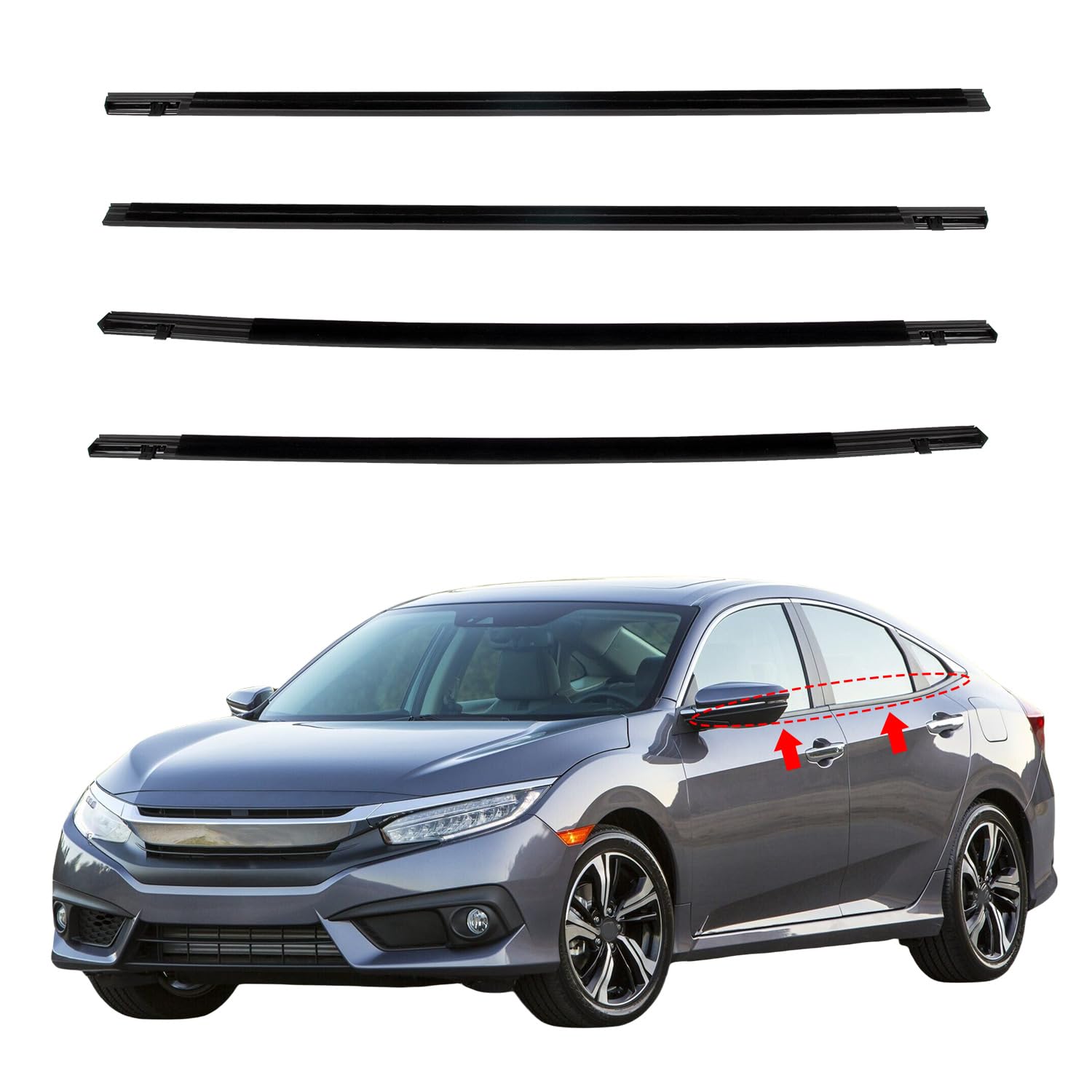 RANSOTO Window Moulding Trim Seal Weatherstrip Compatible with 2016 2017 2018 2019 2020 2021 Honda Civic 4 Door Sedan Replaces 72410-TET-T01 72450-TET-T01 72910-TET-T01