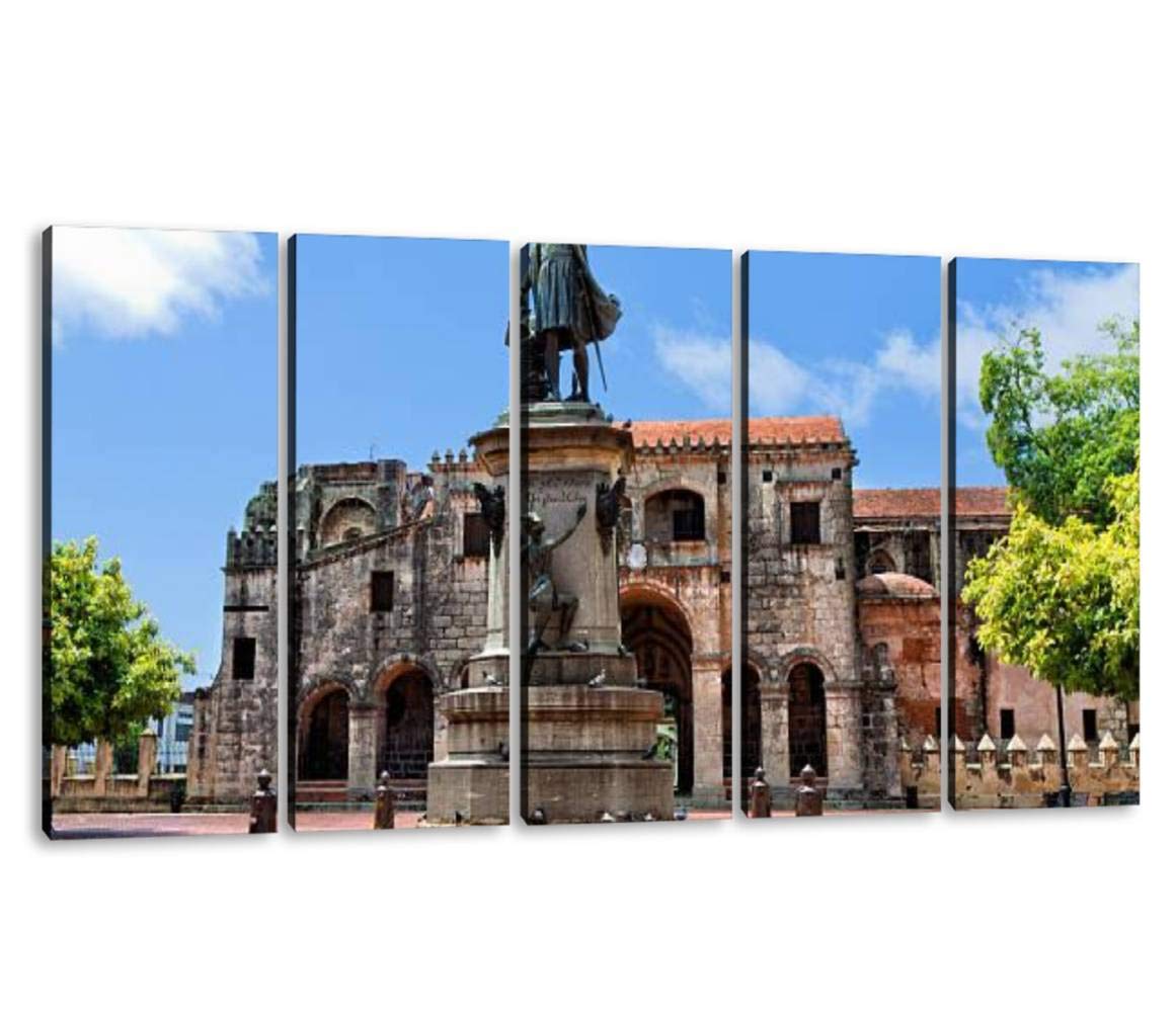 5 Panels Art Wall Decor Statue Outside The catedral primada de America Santo Domingo Ancient Artwork Modern Canvas Prints Office Bedroom Home Decor Framed Painting Ready to Hang (60''Wx32''H)