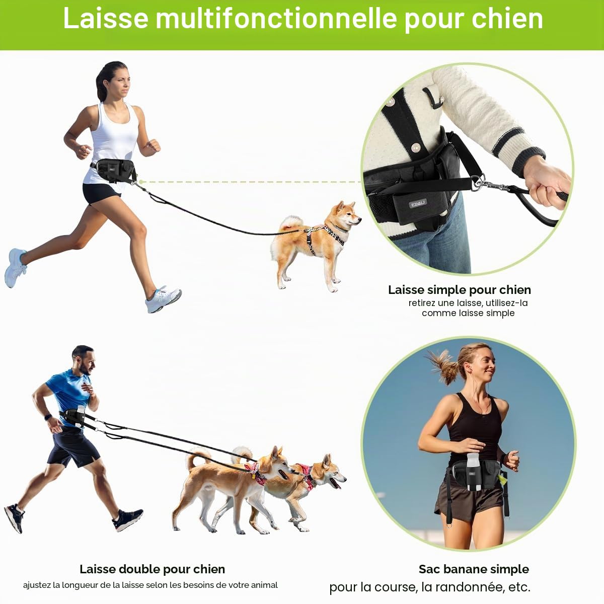 ETACCU Laisse Libres pour 2 Chiens, Poignée de Circulation Robuste, Laisse Canicross Chien, Ceinture Réglable avec pochette, Couture Réfléchissante, Idéal pour Course à Pied et Marche