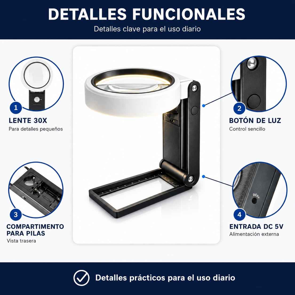 Lupa con Luz 10X 30X y 21 LED – Lupa de Gran Aumento para Personas Mayores, Lectura, Joyería, Monedas y Manualidades.