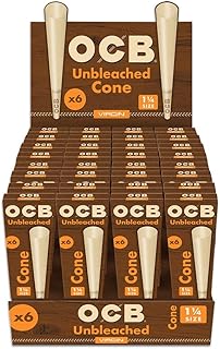 OCB Virgin Unbleached Pre-Rolled Cones, 3.3 Inch (192 Total Cones) 1 ¼ Size Ultra-Thin Natural Rolling Papers with Tips - Slow Burning, 100% Natural Acacia Gum, Unbleached Paper