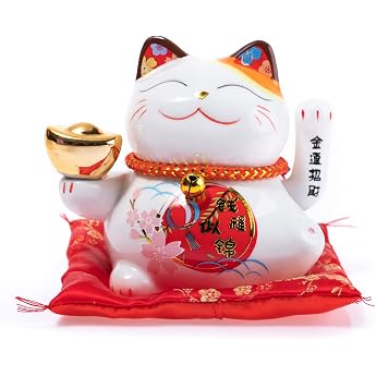 lachineuse - Maneki Neko Waving Cat White - Lucky Cat - Kawaii Japanese Decorative Object - Lucky Charm Cat - Porcelain 13 x 14.5 x 10 cm - Chinese Asia Decoration Asia Decoration