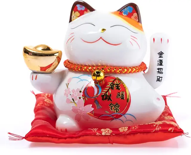White Porcelain Maneki Neko Lucky Cat Figurine - Movable Arm Japanese Decoration