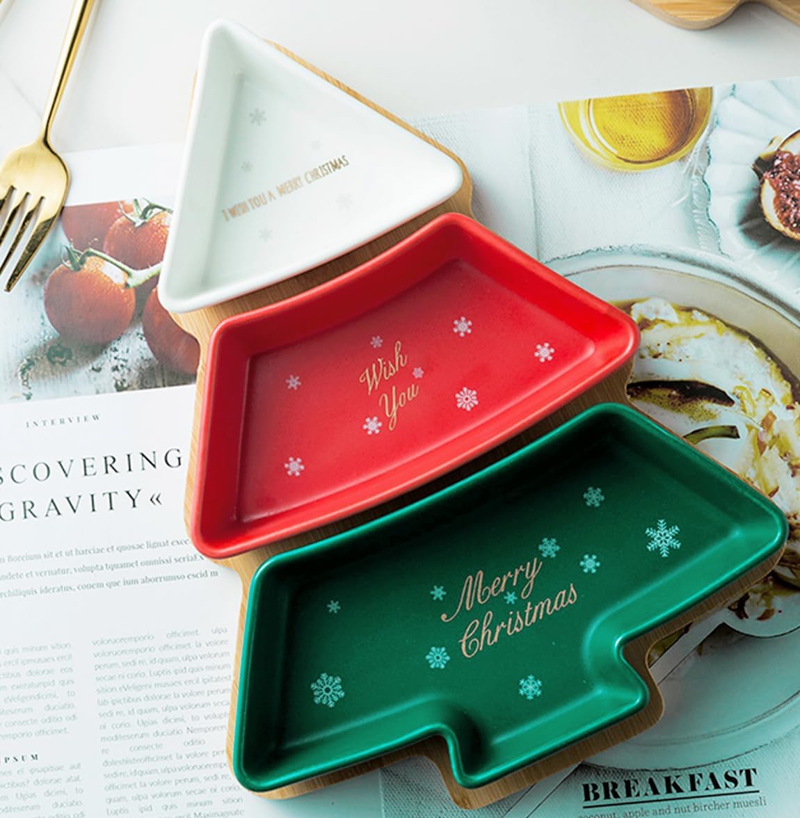 Colorful 11.6 Inches Big Snack Appetizer Trays Sets, Decorative Christmas Tree Dessert Serving Dishes, Snack Platter, 3 pcs Removable Porcelain Plates with Bamboo Tree Tray Xmas Gifts