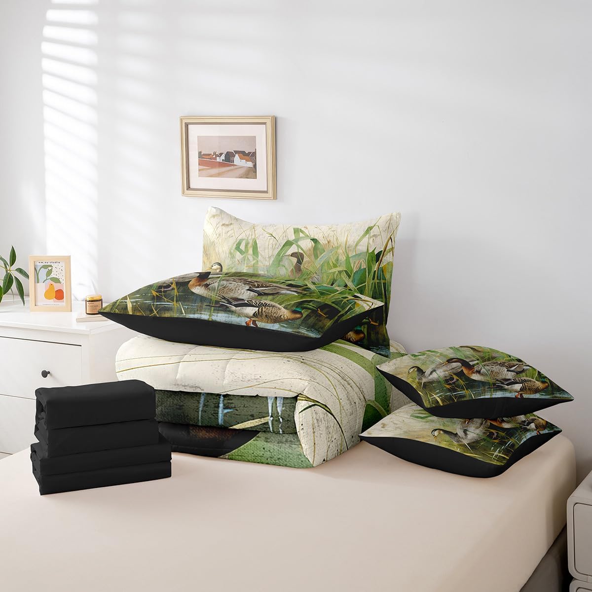 Feelyou Mallard Duck Comforter Set Twin Size 7 Pieces, Kids Boys Girls Wild Lake Hunting Bedding Set for All Season, Cabin Lodge Bed in a Bag with Comforter, Sheets, Pillowcases & Cushion Cover