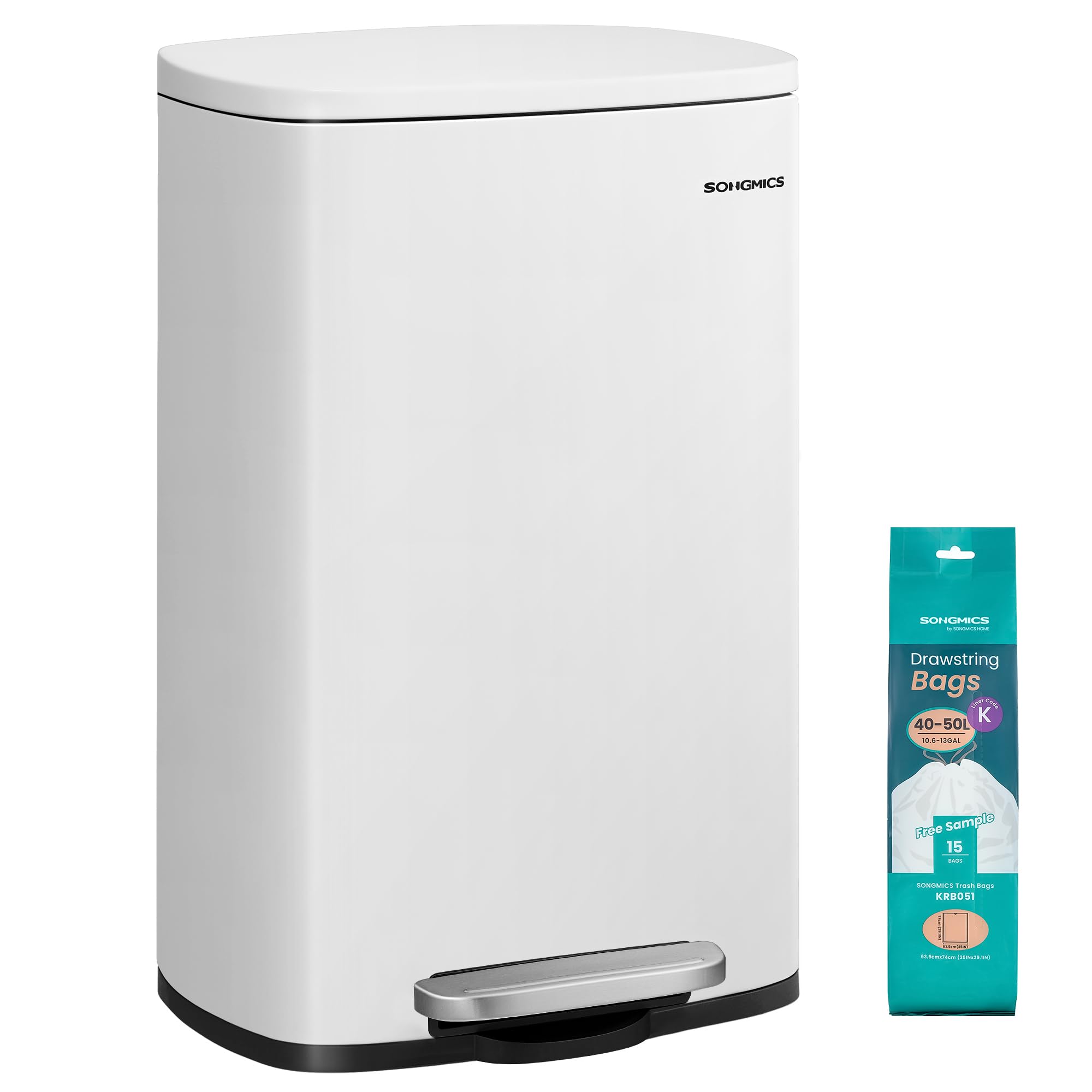SONGMICS Kitchen Bin 13 Gallon (50 L), Pedal Rubbish Bin, Soft Close, Step-On Pedal, Steel, Inner Bucket, White LTB101W01
