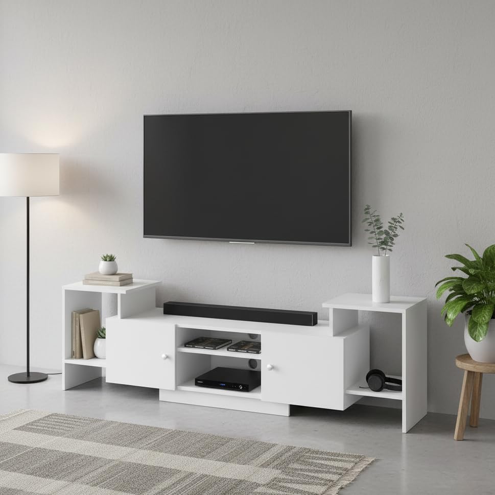 Image of FURNEASER Eptimal Modern Wooden TV Unit for Living Room | Engineered Wood Entertainment Center with Storage | TV Stand for 65 Inch TVs | TV Cabinet with Shelves & Doors (White)