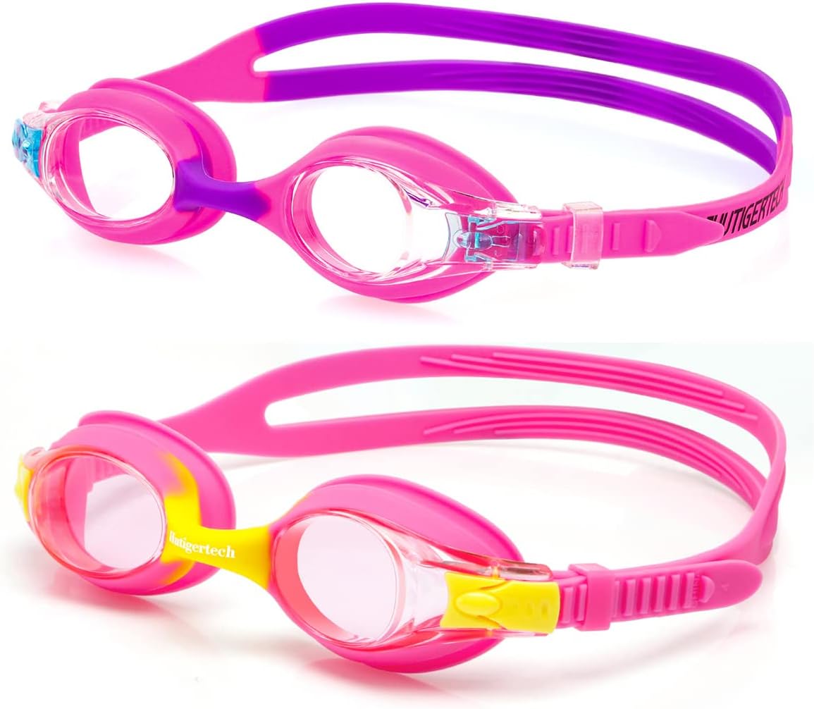 Hutigertech Kids Swim Goggles, 2 Packs Anti-Fog Leak Proof Kids Swimming Goggles, Soft Silicone Frame, Swim Glasses with Nose Clip,Earplugs for Children Boys Girls(Age 4-15)
