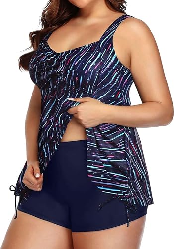 Aqua Eve Women Plus Size Tankini Swimsuit Two Piece Flowy Swimdress Bathing Suits with Shorts Blue Stripes 14W