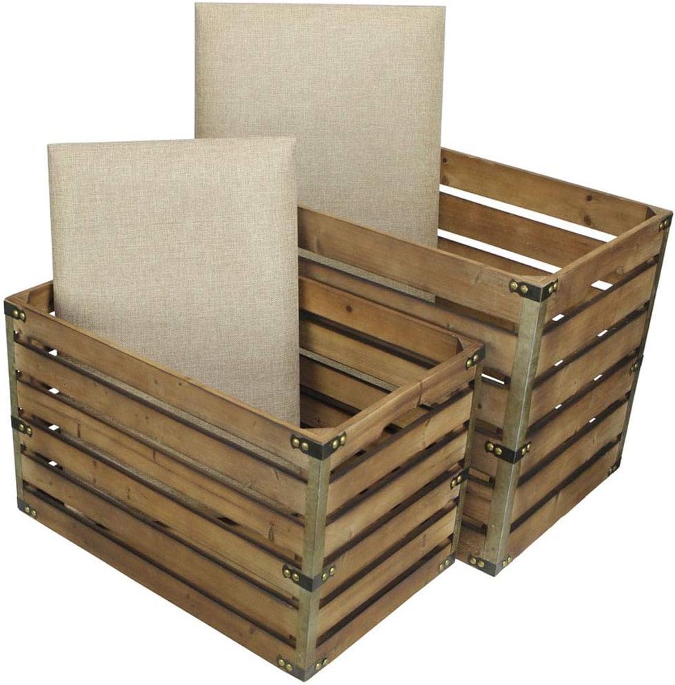 Cheung's Set of 2 Rectangular Wood Slat Metal Accents and Cushioned Lid Storage Bench, Small, Brown