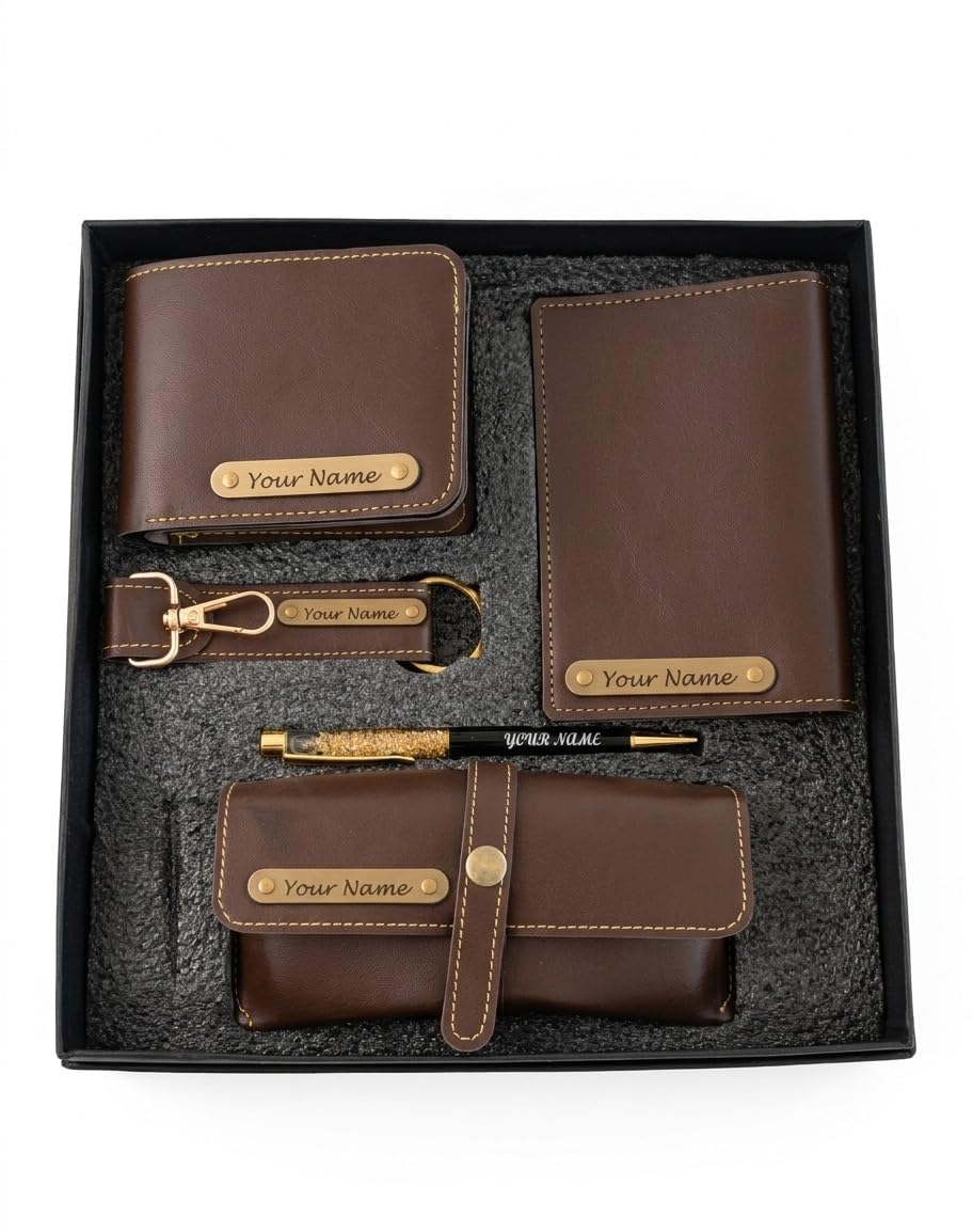 Personalised Leather Gift Set for Men & Women | Brown | Wallet, Passport Cover, Keychain, Pen & Travel Pouch | Premium Customizable Gift Hamper for Birthday & Corporate Gifting-image-23