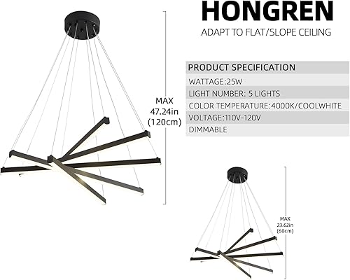 Miniatura 4 de HONGREN Candelabros modernos para comedor, lámpara colgante lineal LED plateada, 7 luces de luz diurna, 6000 K, 23.62 pulgadas, iluminación colgante