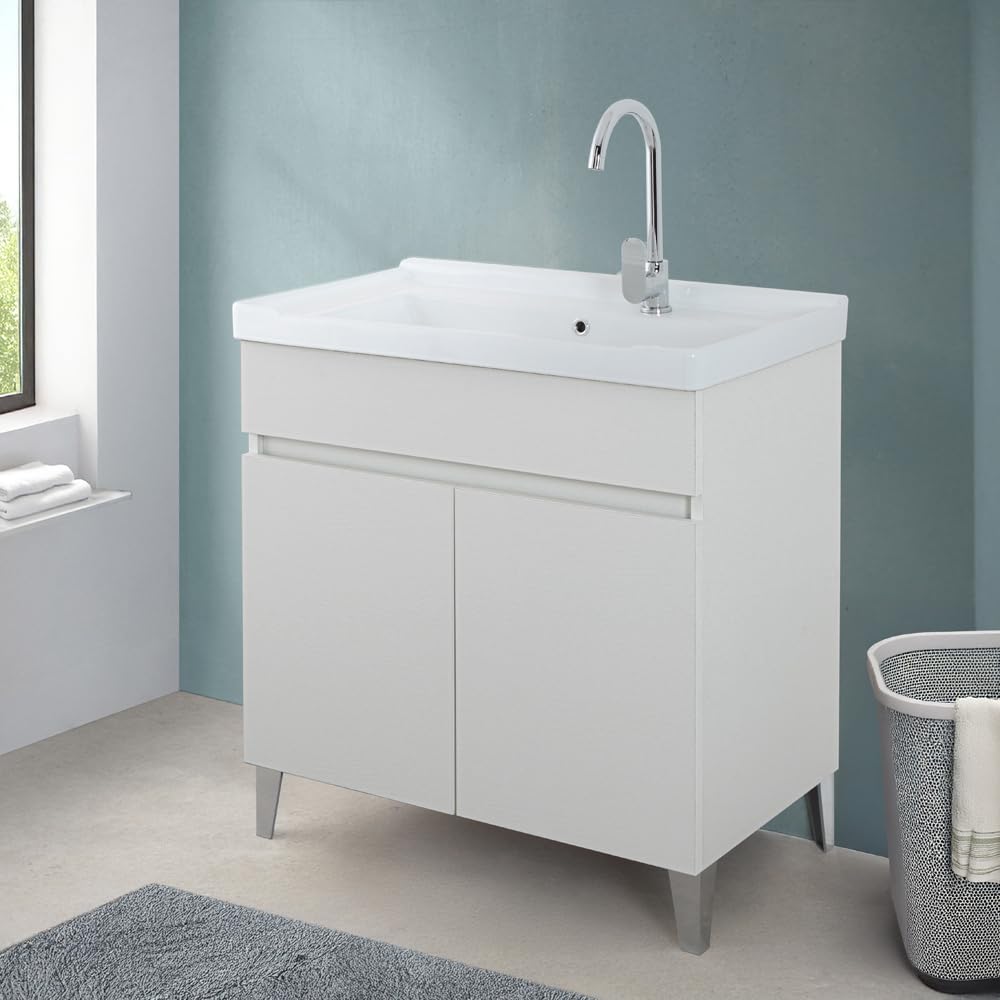 Mobile Lavatoio 79x46,8 Cm Bianco Frassinato Con Vasca In Ceramica Dotata Di Zona Strofinatoio, Struttura Già Montata In Legno Nobilitato Con 2 Ante Apribili A Gola