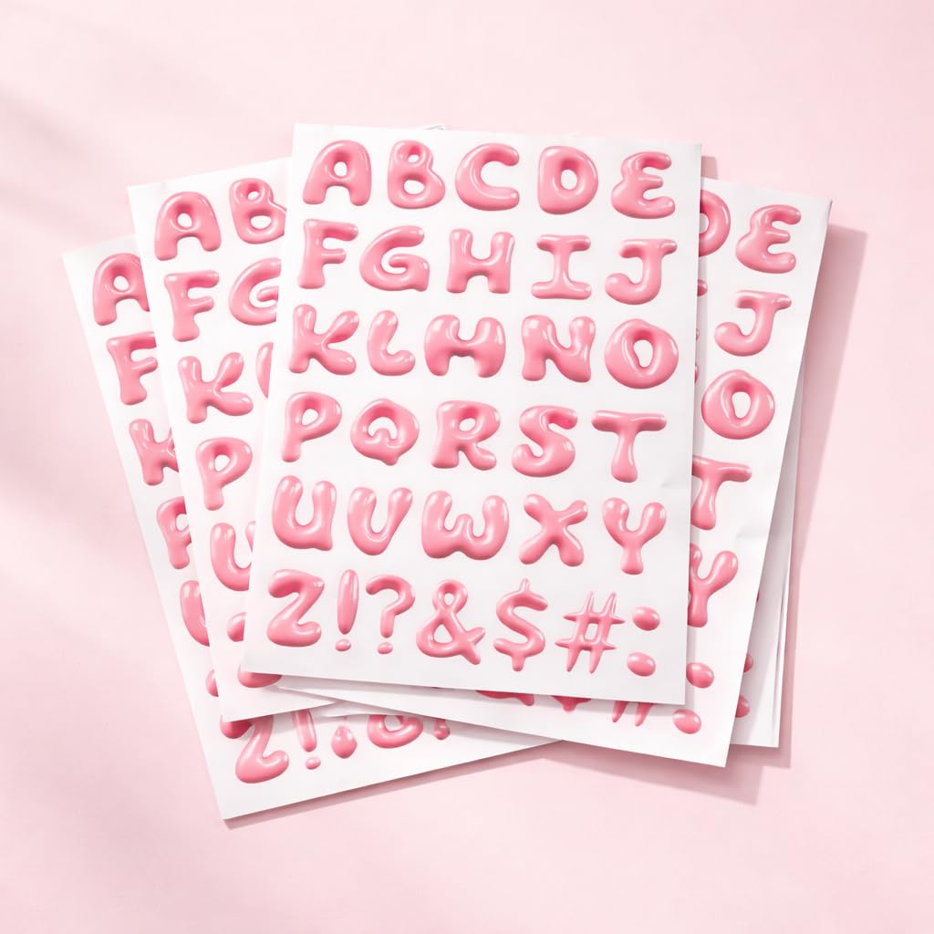 Bubble Alphabet Sticker Set of 4 – Glossy Pink Letters & Symbols | Waterproof PVC Decorative Stickers for Journals, Scrapbooks, Laptops & DIY Crafts-image-36