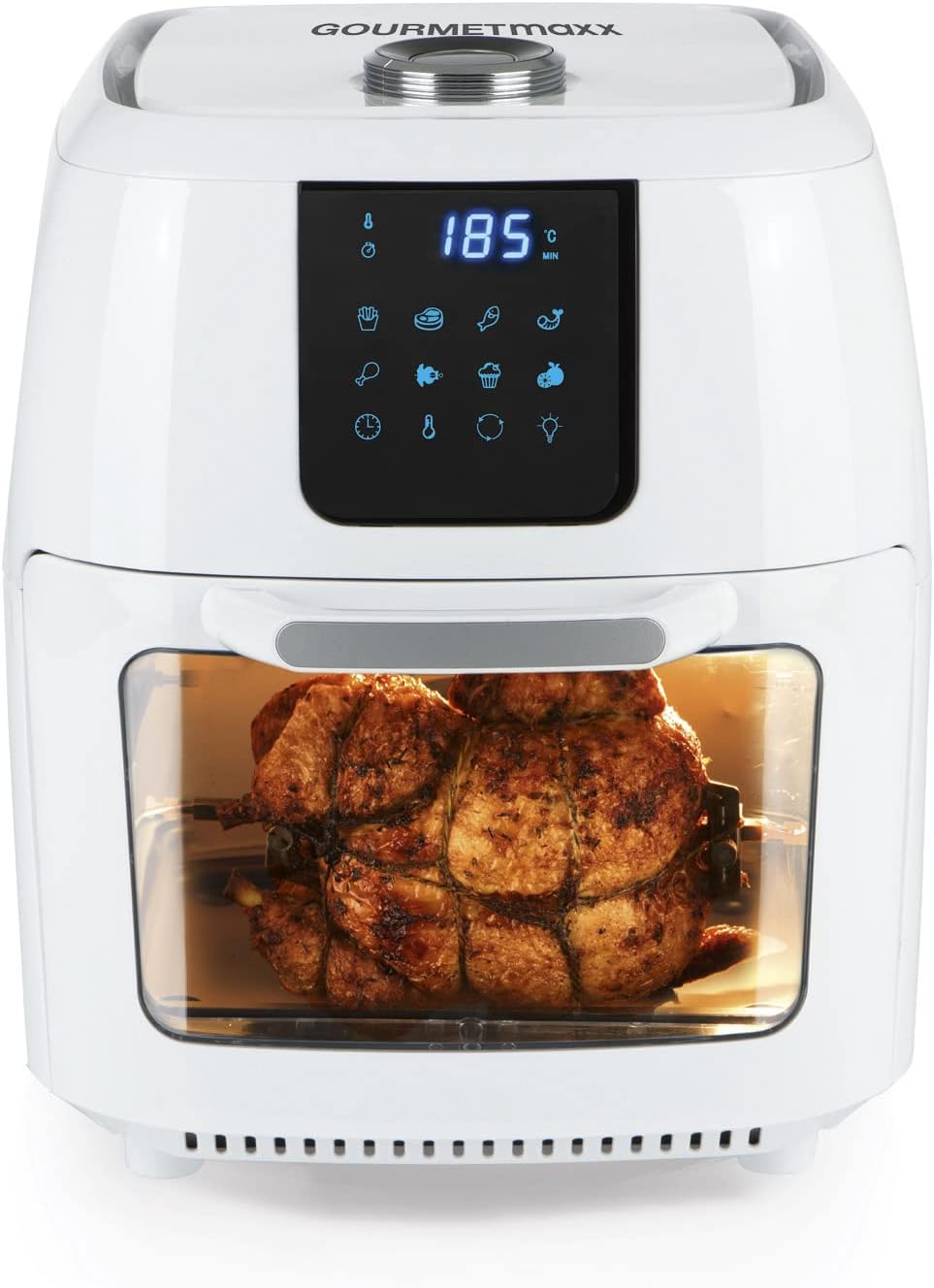 GOURMETmaxx Digital XXL Hot Air Deep Fryer 9 litri | Frittura senza grassi, friggitrice, forno e girarrosto in uno | Incluso girarrosto per pollo e shish kebab [1800 watt/bianco]