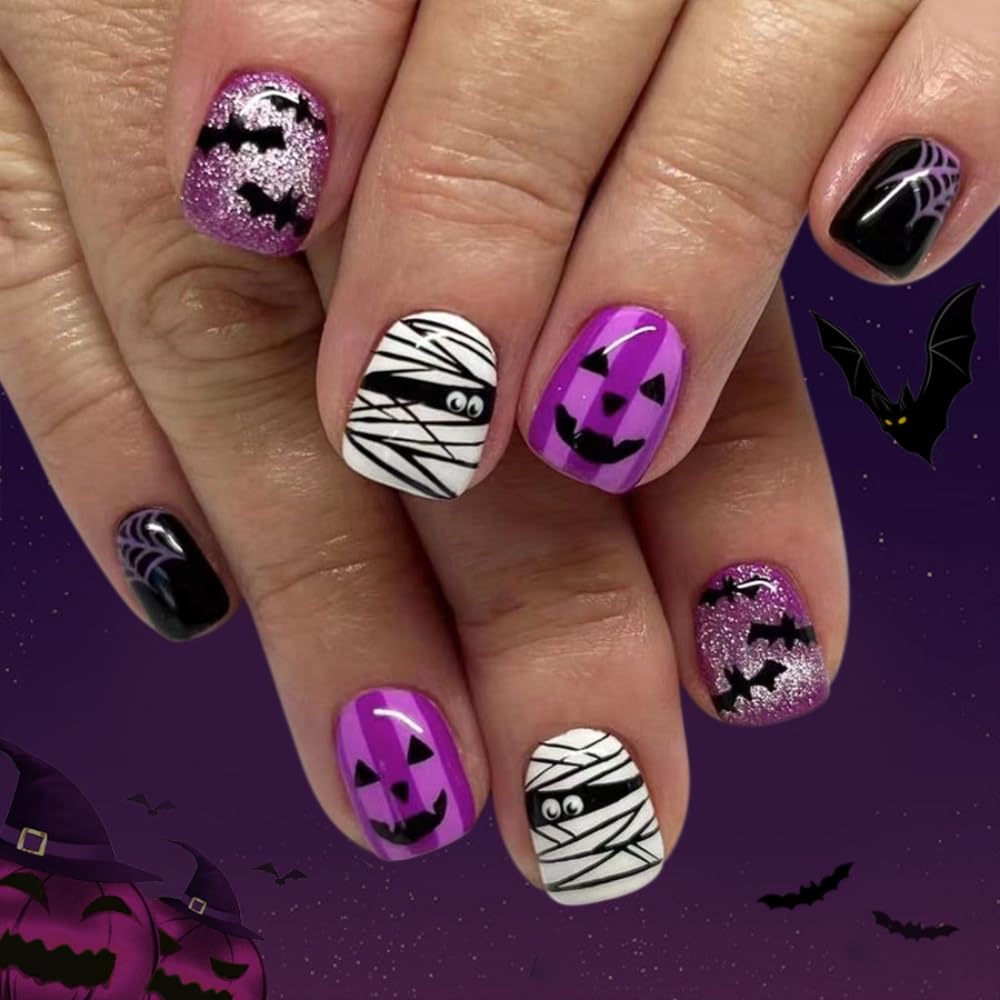 6 Pcaks（144Pcs）Short Halloween Press on Nails Square Fake Nails with Cute Ghost Design Holiday False Nails Halloween Nails Press ons Full Cover Glue on Nails for Women Manicure