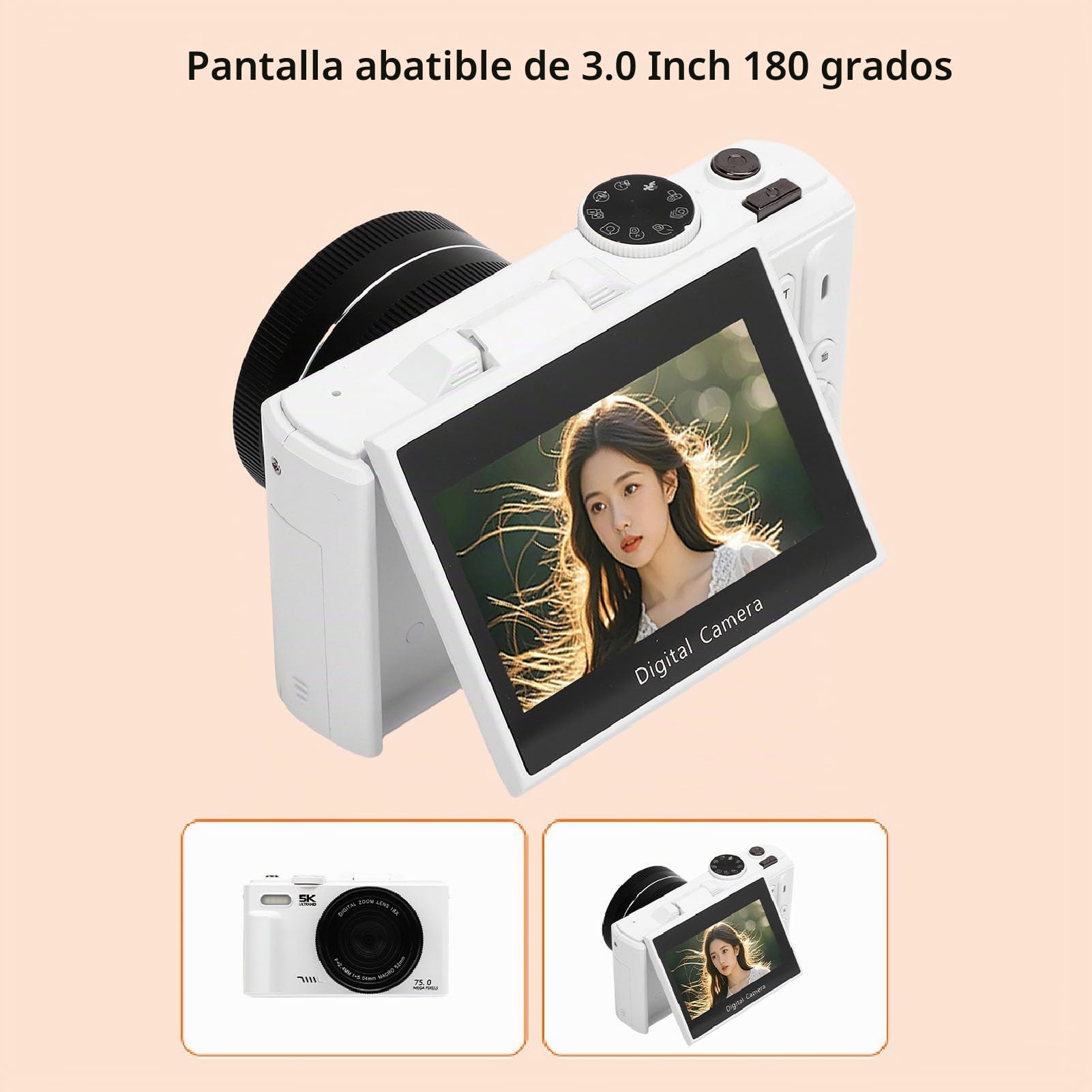 BuyWeek Cámara Digital 5K 75MP con WiFi, Cámara de Vlogging HD con Enfoque Automático y Zoom de 18X con Pantalla Abatible de 180° de 3 Pulgadas, Modo Belleza, Luz de Relleno LED (Blanco)