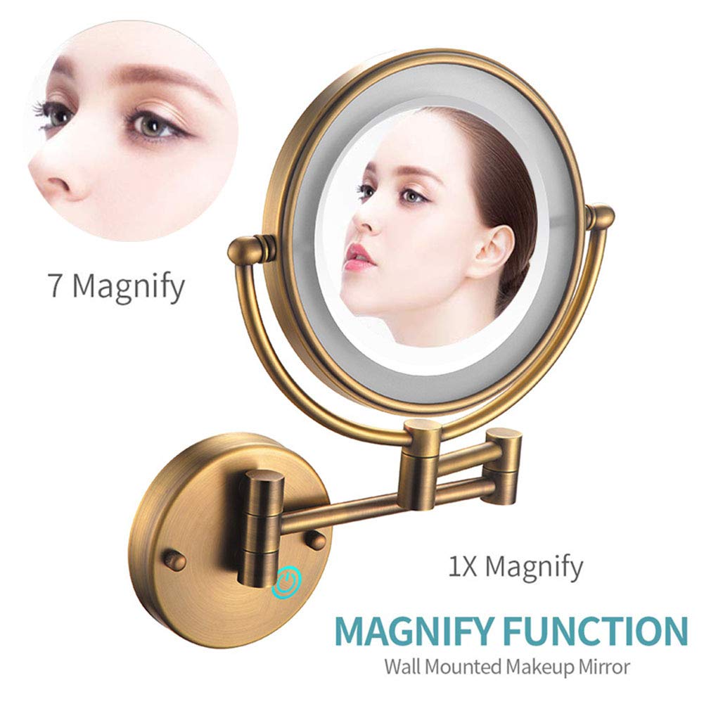 Specchio Espejo de maquillaje de pared con luces LED, giratorio de 360°, espejo de baño con aumento de doble cara, cableado, brazo extensible para un uso fácil, perfecto para aplicar maquillaje.