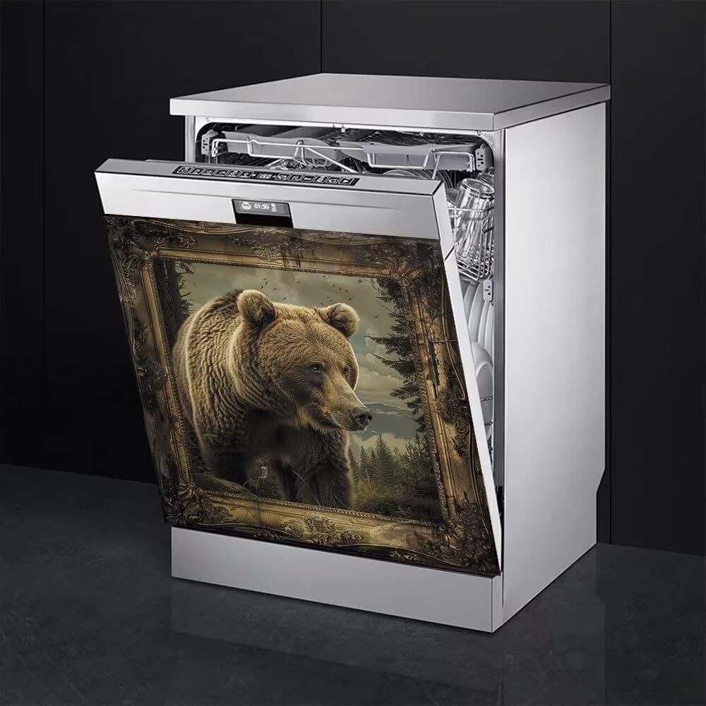 Generic Bear Magnet Dishwasher Door Cover Sheet, Forest Animal Bears Magnetic Refrigerator Panel Decal, Retro Dishwasher Magnet Full Cover - 23"" x 26"" Magnetic, Magc06-3