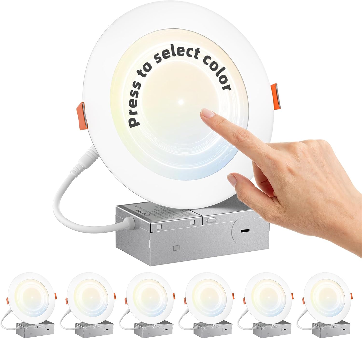 Amico 6 Pack 6 Inch Press to Select 5CCT Ultra-Thin Recessed Light with Junction Box, 2700K/3000K/3500K/4000K/5000K Selectable, 12W=110W, 1050LM High Brightness, Dimmable Wafer Downlight-ETL&FCC
