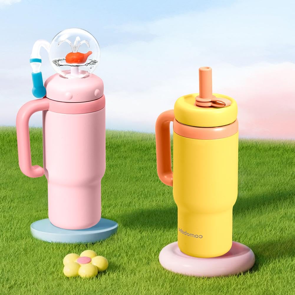 Fontaine 3D en acier inoxydable avec poignée, motif baleine, gobelet anti-fuite de 710 ml, pour enfants et adultes, comprend deux couvercles et fonction baleine
