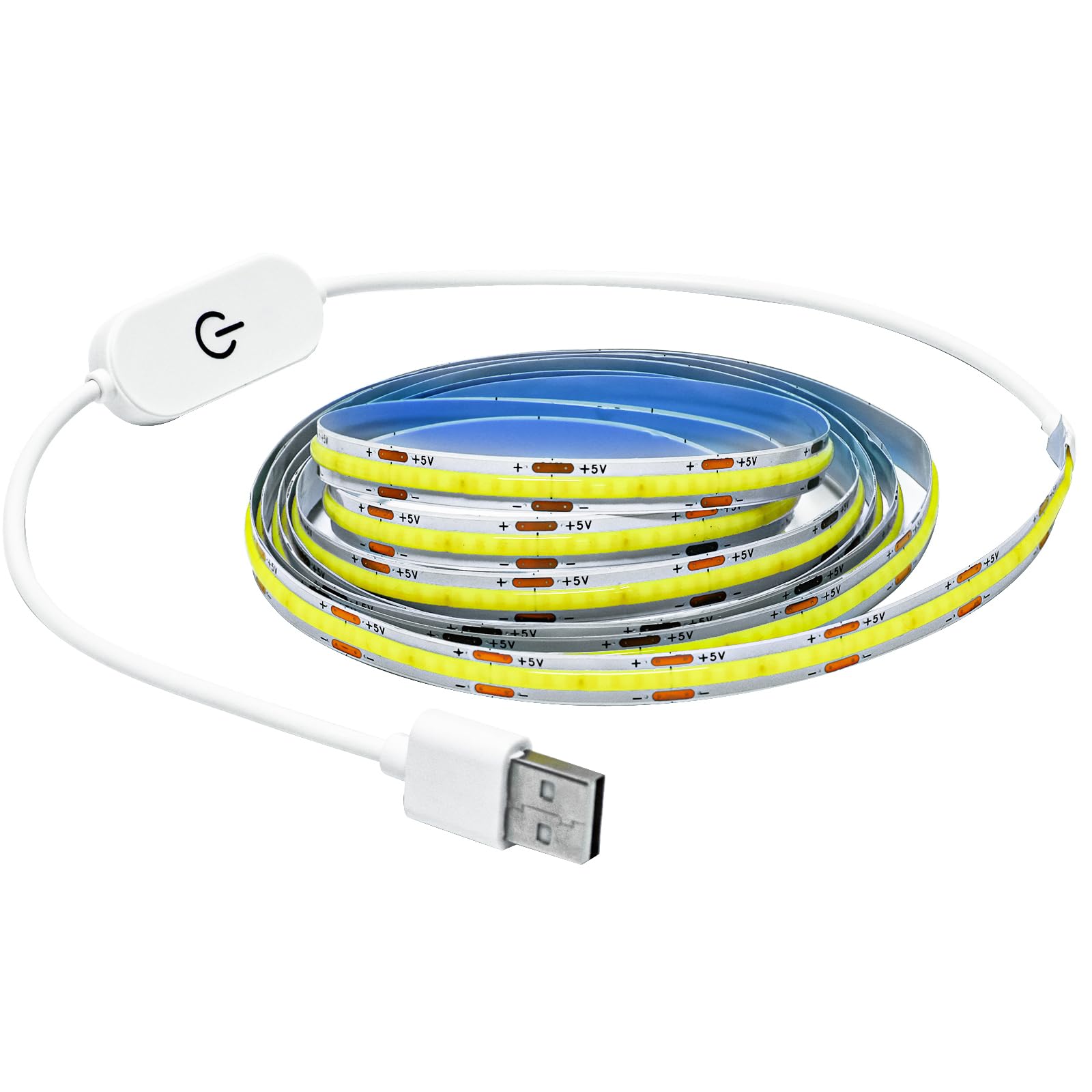 BRIMETI Strisca LED COB USB 2M Autoadesivo Tubo LED Bianco Freddo 6000K 5V, 320LEDs/M Strisce LED Dimmerabili Larghezza 8mm Retroilluminazione TV, Nastro Luci Flessibile, per Cucina, Camera da Letto
