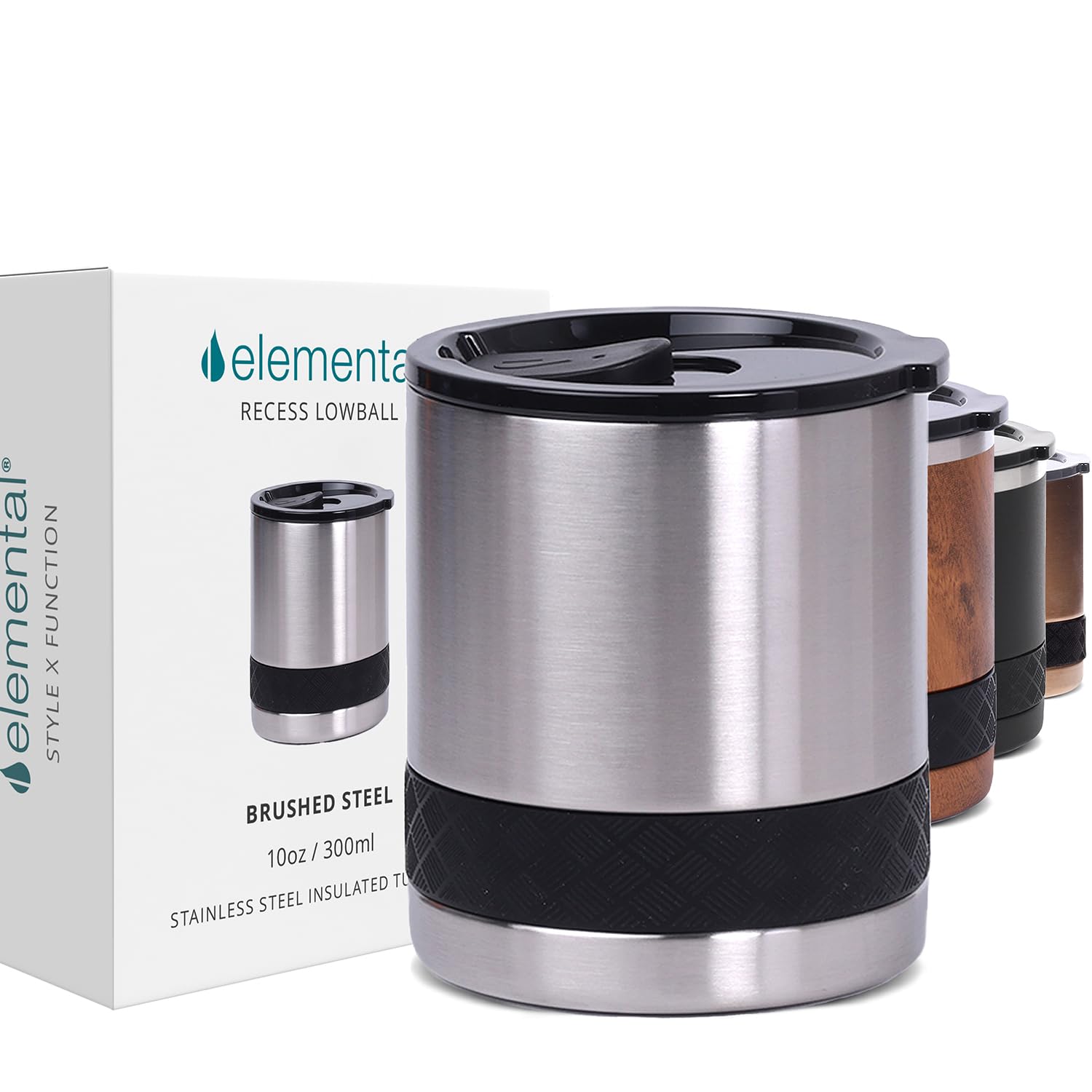 Elemental Recess Lowball Tumbler, 10oz Triple Wall Stainless Steel Cup with Non-Shattered Tritan Lid, Insulated Whiskey Glass, Insulated Coffee