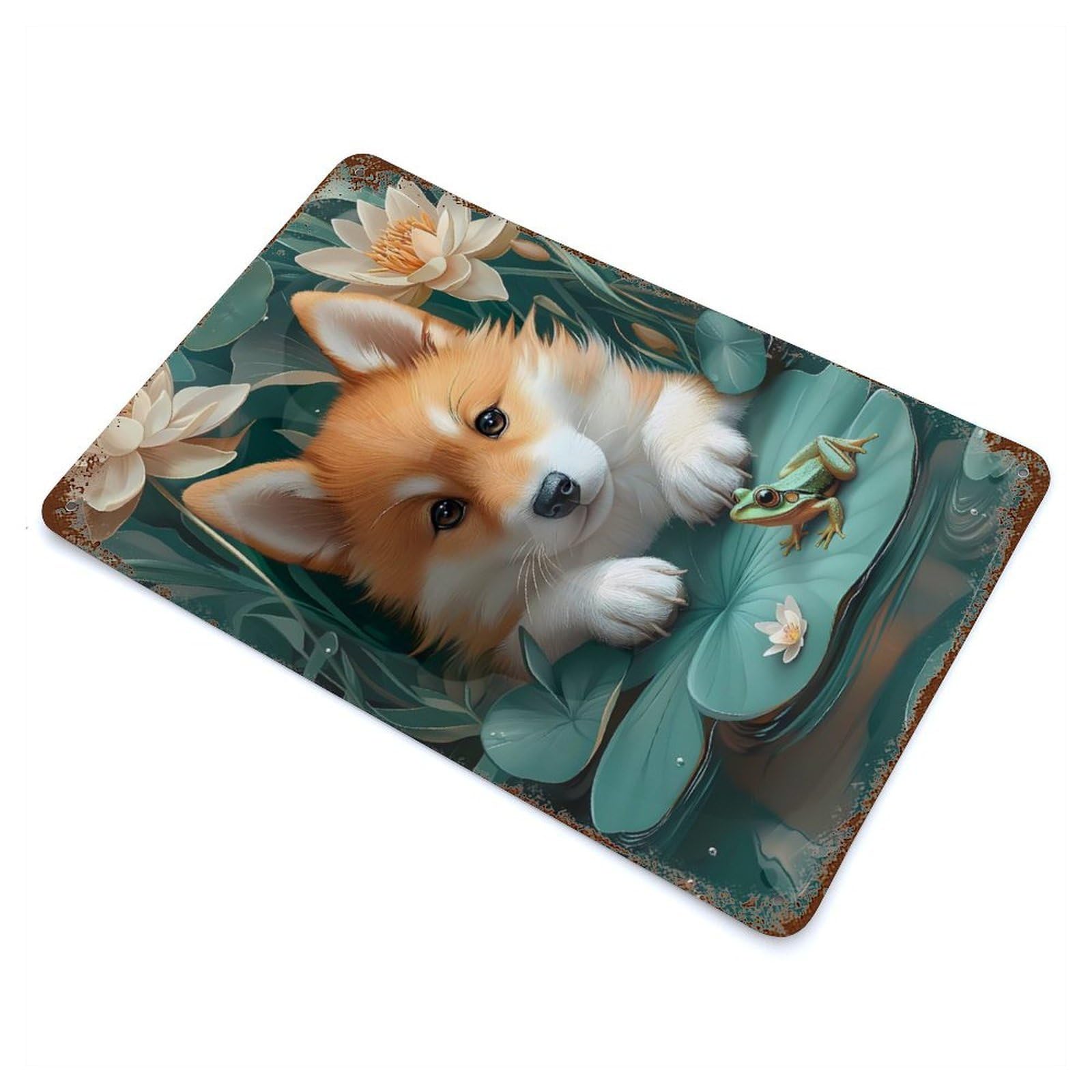 Rust Effect Corgi Puppy with Frog on Lilypad Vintage Rust Metal Sign 11.8"x7.9", Rustic Home Decor for Farmhouse, Kitchen And Entryway Decor