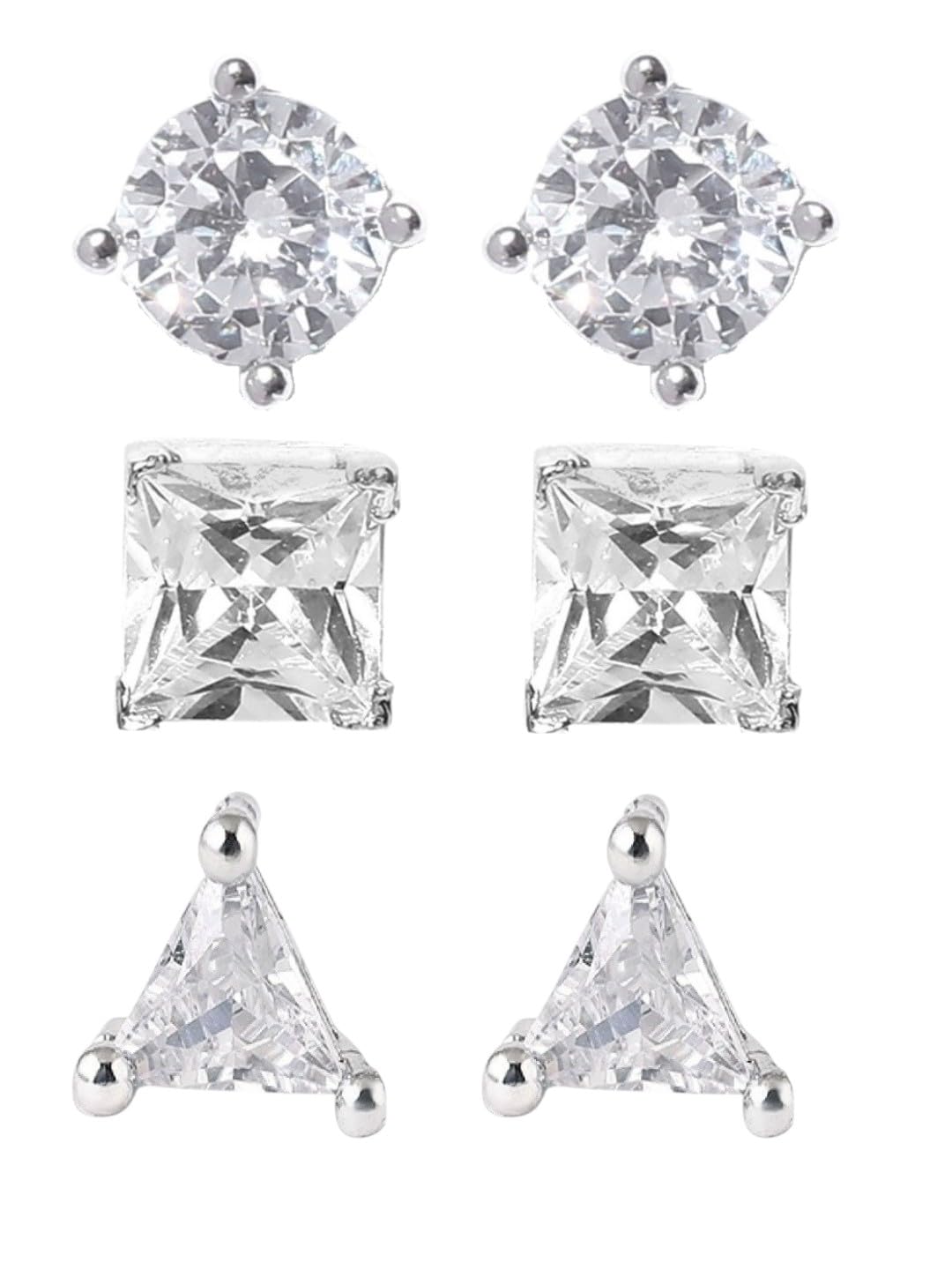 oomph Jewellery Combo of 3 Silver Stud Earrings For Men Stylish - Solitaire Cubic Zirconia - Small Square,Round,Triangle Shape-picture-33