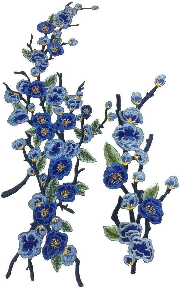 1set/2pcs Quince Sakura Flower Embroidery Iron On Patches DIY Decoration Appliques (Blue)