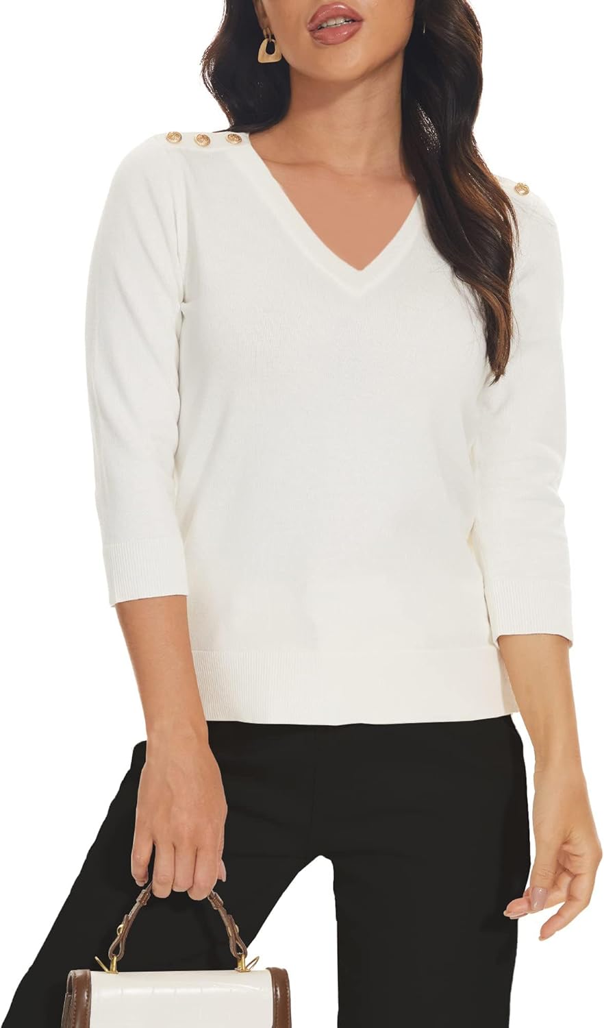 Spicy Sandia Women's 3/4 Sleeve V Neck Pullover Sweaters Lightweight Dressy Casual Trendy Knit Top Shirt