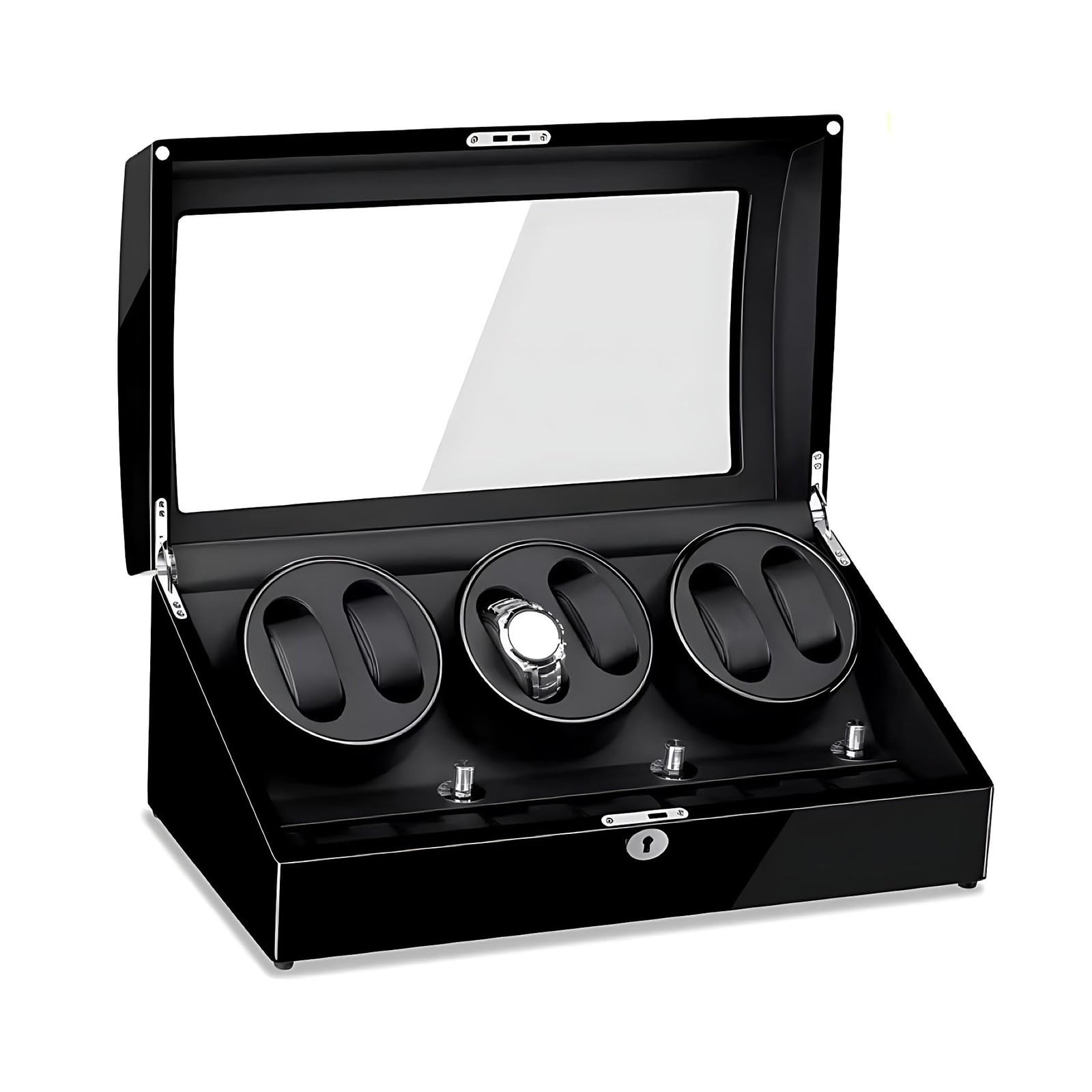 Scatola per 6 Orologi Automatici e 7 Slot Memoria, | Carica Orologi Automatici in Legno Laccato, Watch Winder con Display LED Blu, Porta Orologi Meccanici Elegante