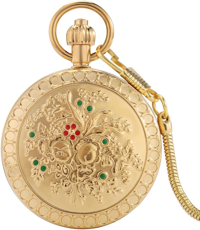 Pocket Watches for Men, Relief Golden Pocket Watch Automatic Mechanical Movement Male Arabic Numeral Dial Alloy Chain Women Thick Chain Pendant