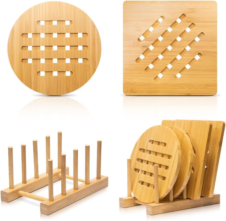 Bamboo Trivet Kitchen Bamboo Hot Pads Mat Set for Hot Dishes/Bowl/Teapot/Hot Pot Holders (Large 20 cm 5pack)