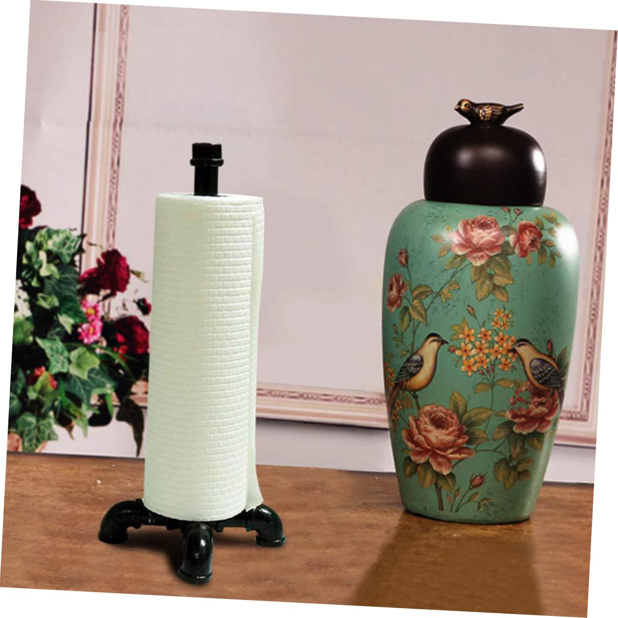 ORFOFE Portarotolo da Cucina Vintage in Ferro Nero, Stile Industriale, Verticale, Resistente All'usura e Agli Urti, per Piano Cucina e Uso Quotidiano